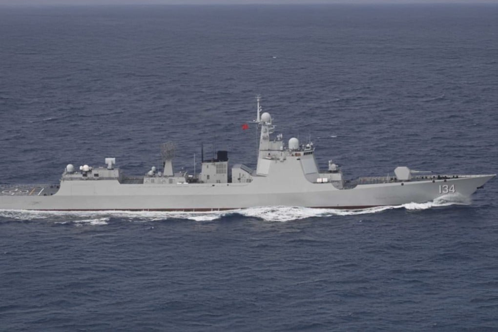 The Japanese defence ministry says the Chinese Navy’s Type 052D guided missile destroyer and its replenishment ship were spotted about 120km east of Miyako island on Sunday. Photo: Handout
