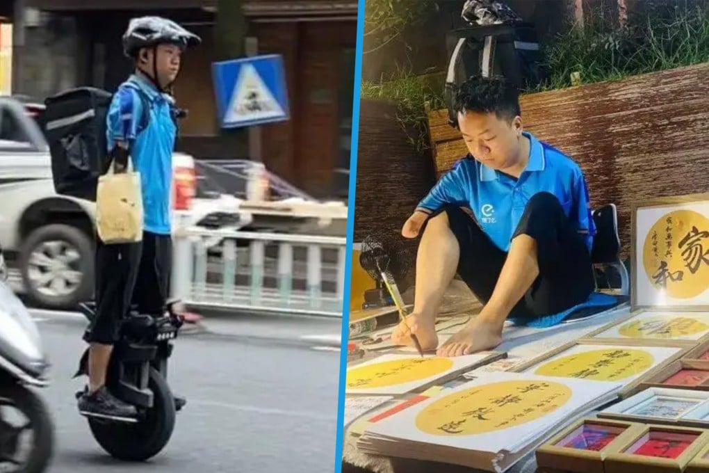 An armless man in China delivers food on a unicycle, using his lips to navigate his phone to contact customers. Photo: SCMP composite/Sohu