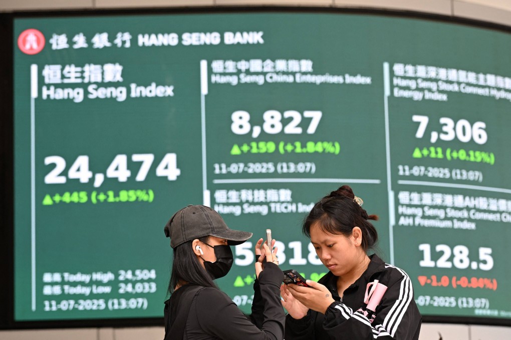 Women check their phones in front of an electronic sign showing the Hang Seng Index in Hong Kong on July 11, 2025. Photo: AFP