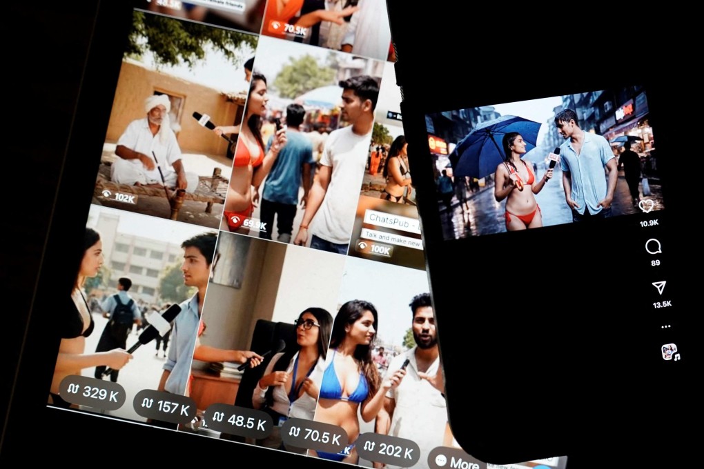 This photo illustration taken in Washington, in July, shows images on the internet and social media of AI bikini-clad women conducting street interviews. Photo: AFP