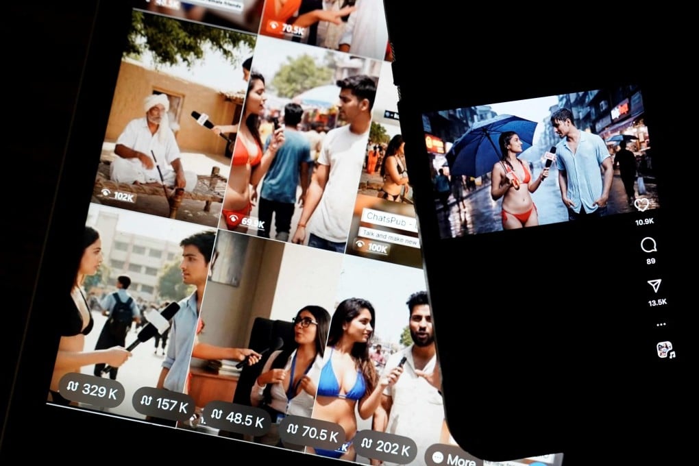 This photo illustration taken in Washington, in July, shows images on the internet and social media of AI bikini-clad women conducting street interviews. Photo: AFP