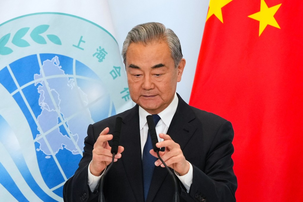 Chinese Foreign Minister Wang Yi talks to media after the Shanghai Cooperation Organisation leaders’ summit in Tianjin, China, on Monday. Photo: AP