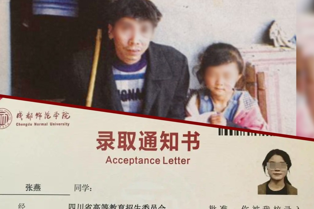 A girl in China who once begged with her blind father has gained national attention after being admitted to university. Photo: SCMP composite/Douyin/ifeng