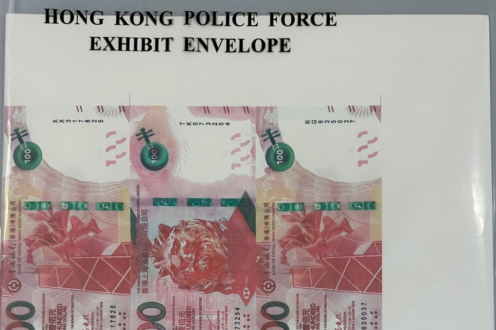 Police seized 66 counterfeit HK$100 notes along with tools and materials used in their production. Photo: Handout