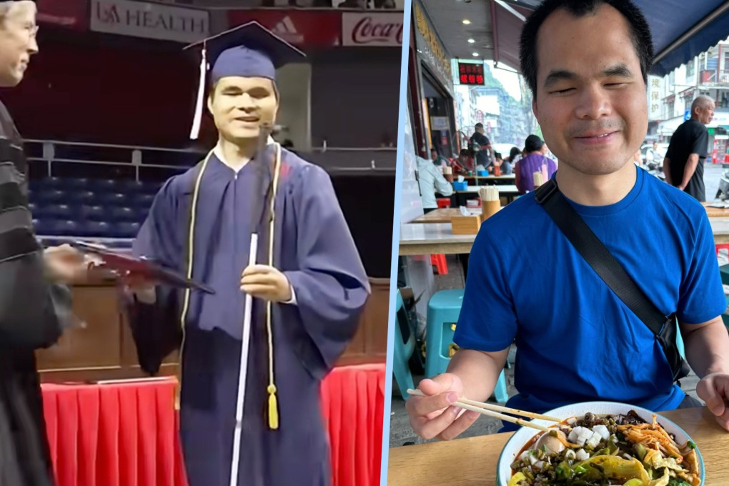 A blind orphan, now an aircraft engineer in the US, recalled a painful incident when his grandfather pushed him into a lake for being born sightless. Photo: SCMP composite/RedNote