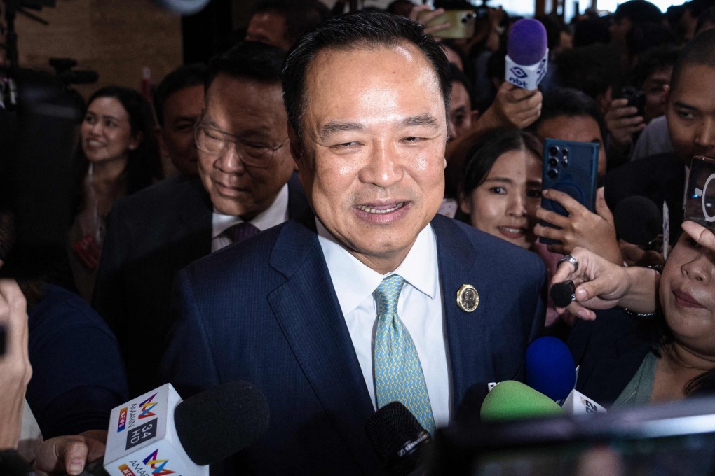 Bhumjaithai party leader Anutin Charnvirakul leaves a press conference after securing the backing of opposition People’s Party to serve as Thailand’s next prime minister on Wednesday. Photo: AFP
