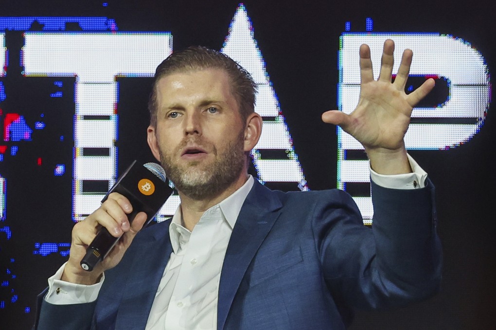 Eric Trump speaks during Bitcoin Asia 2025 in Hong Kong last week. Photo: AP
