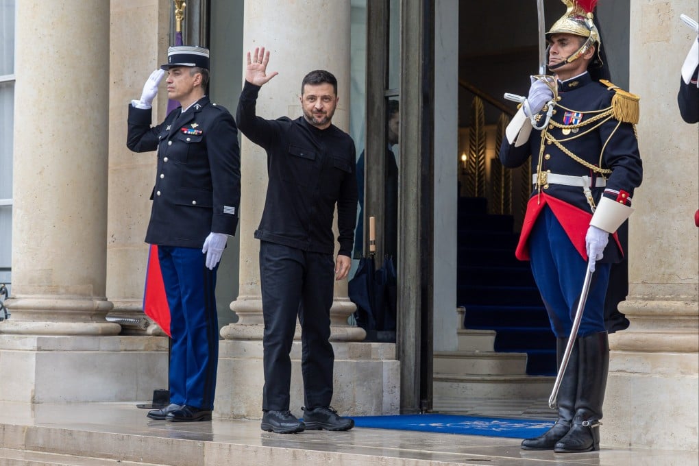 Ukrainian President Volodymyr Zelensky takes part in the coalition of volunteers’ meeting at the Elysee Palace in Paris on Thursday. Photo: EPA