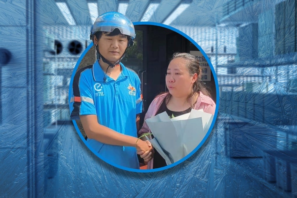 A Chinese woman who was locked in her company’s cold storage unit for more than 20 minutes was rescued by a passing delivery rider who heard her knocking. Photo: SCMP composite/Shutterstock/QQ.com