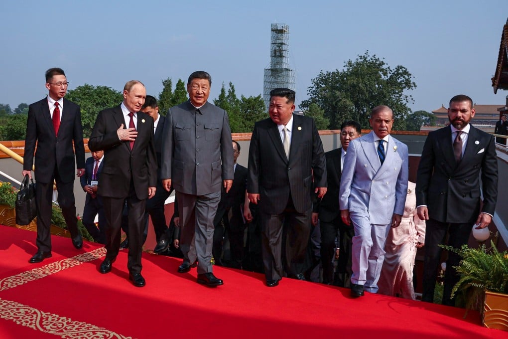 President Xi Jinping (centre) with Russia’s Vladimir Putin and the North Korean leader Kim Jong-un in Tiananmen Square on Wednesday for China’s Victory Day military parade. Photo: EPA