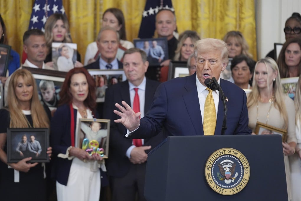 US President Donald Trump speaks during a ceremony to sign the Halt All Lethal Trafficking of Fentanyl Act at the White House on July 16. Photo: AP