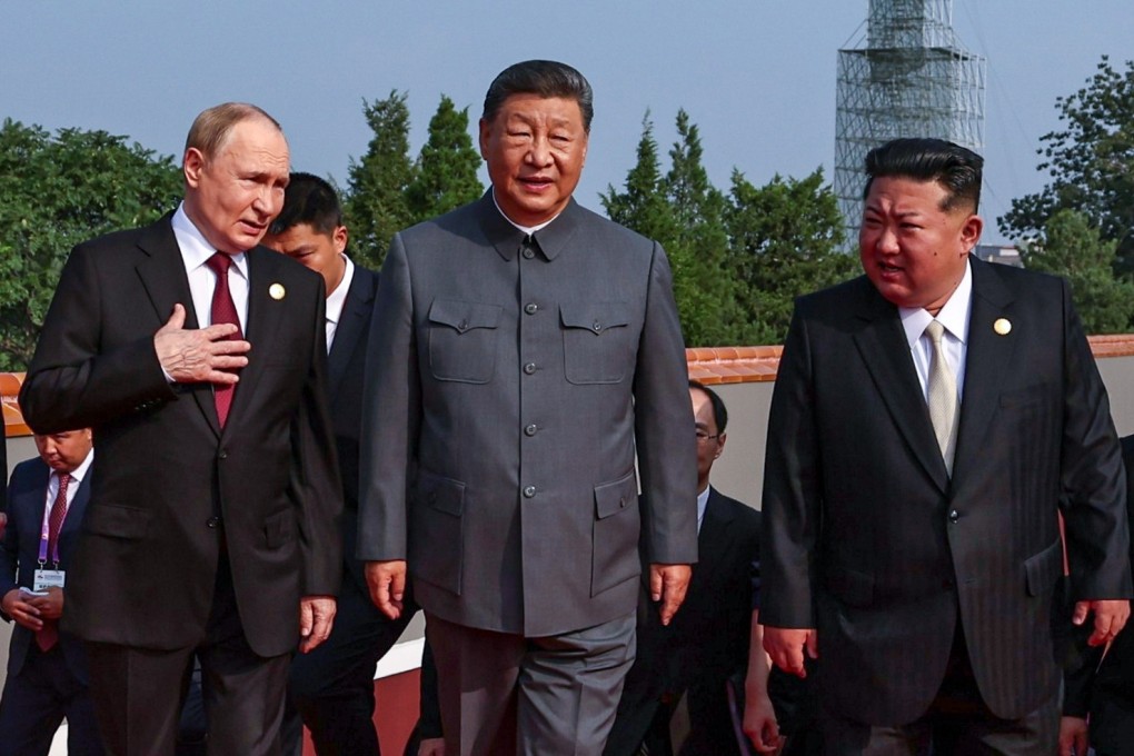 President Xi Jinping (centre) with Russia’s Vladimir Putin and the North Korean leader Kim Jong-un in Tiananmen Square on Wednesday for China’s Victory Day military parade. Photo: EPA