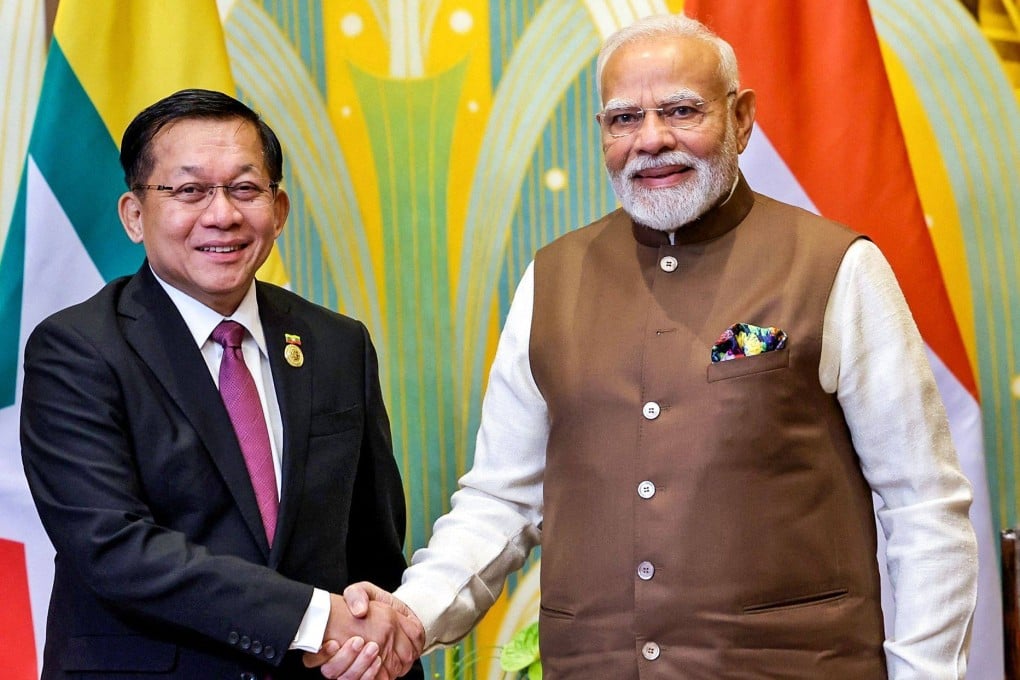 India’s Prime Minister Narendra Modi shakes hands with Myanmar’s junta chief Min Aung Hlaing (left) on the sidelines of the Shanghai Cooperation Organisation summit in Tianjin on August 31. Photo: by Indian Press Information Bureau / AFP