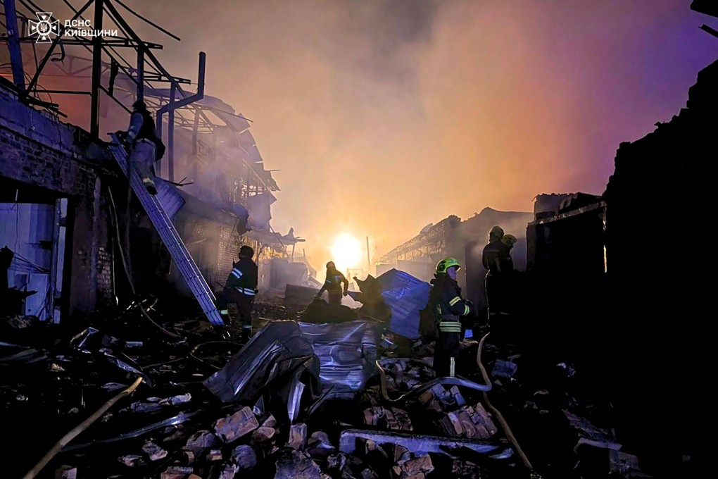 Rescuers work to extinguish a fire at the site of an aerial attack in Bila Tserkva, in Ukraine’s Kyiv region, on Wednesday. Photo: Ukrainian Emergency Service via AFP
