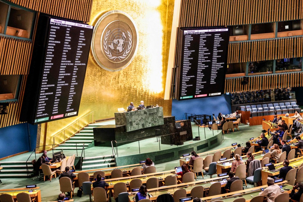 Results of a vote on a Palestine resolution are displayed during a UN General Assembly meeting on December 3 at the UN headquarters in New York. Photo: AFP