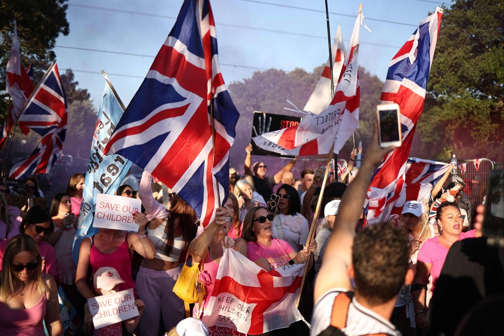 Protests in August outside the Bell Hotel in Epping housing migrants. Photo: AFP