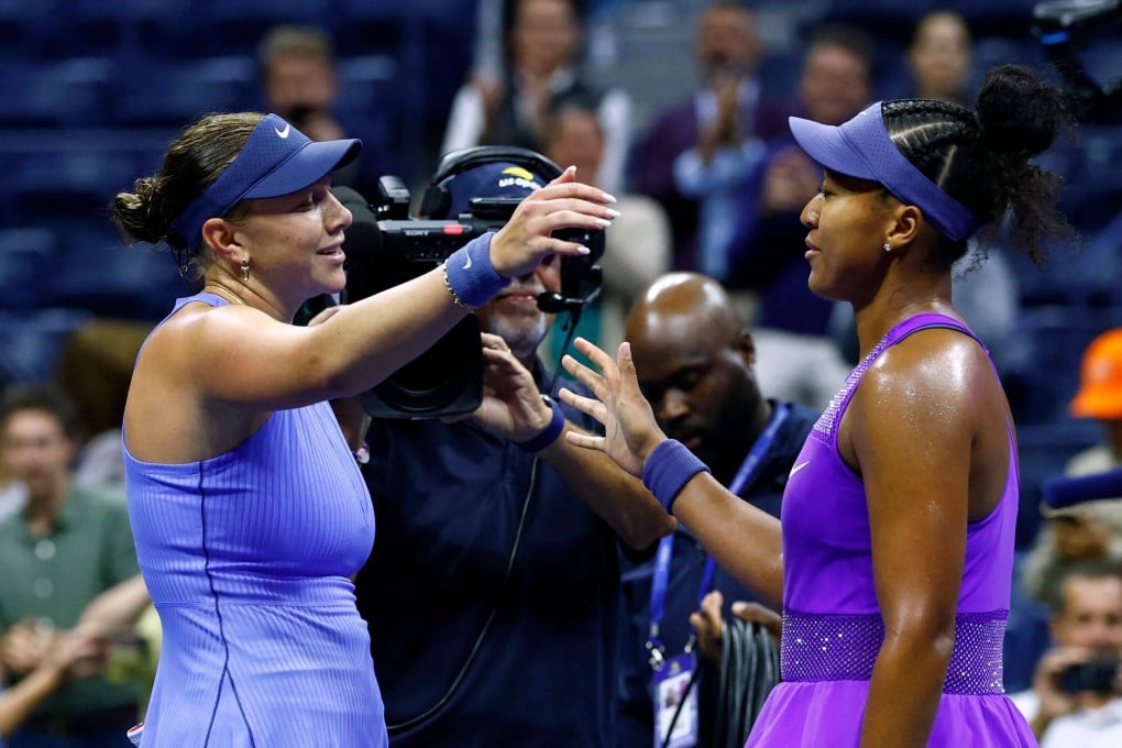 Amanda Anisimova (left) consoles Naomi Osaka after their semi-final in New York. Photo: AFP