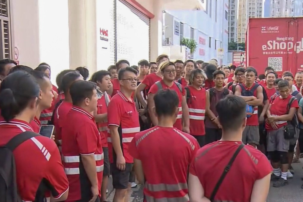 A screengrab of footage of Swire Coca Cola workers staging a strike in Sha Tin. Photo: NowTV News