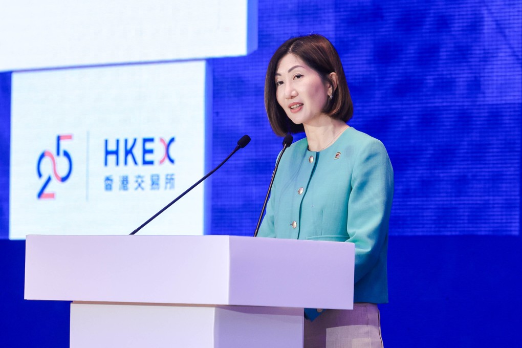 Hong Kong Exchanges and Clearing CEO Bonnie Chan Yiting speaks the the bourse operator’s Future Tech Summit on September 5, 2025 in Hong Kong. Photo: Handout