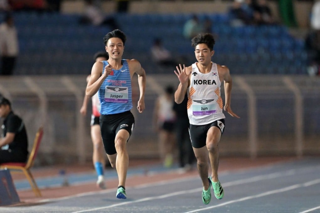 Hong Kong’s Jasper Koo (left) winning the 200m at the Asian Under-18 Championships in Saudi Arabia in April. Photo: Handout