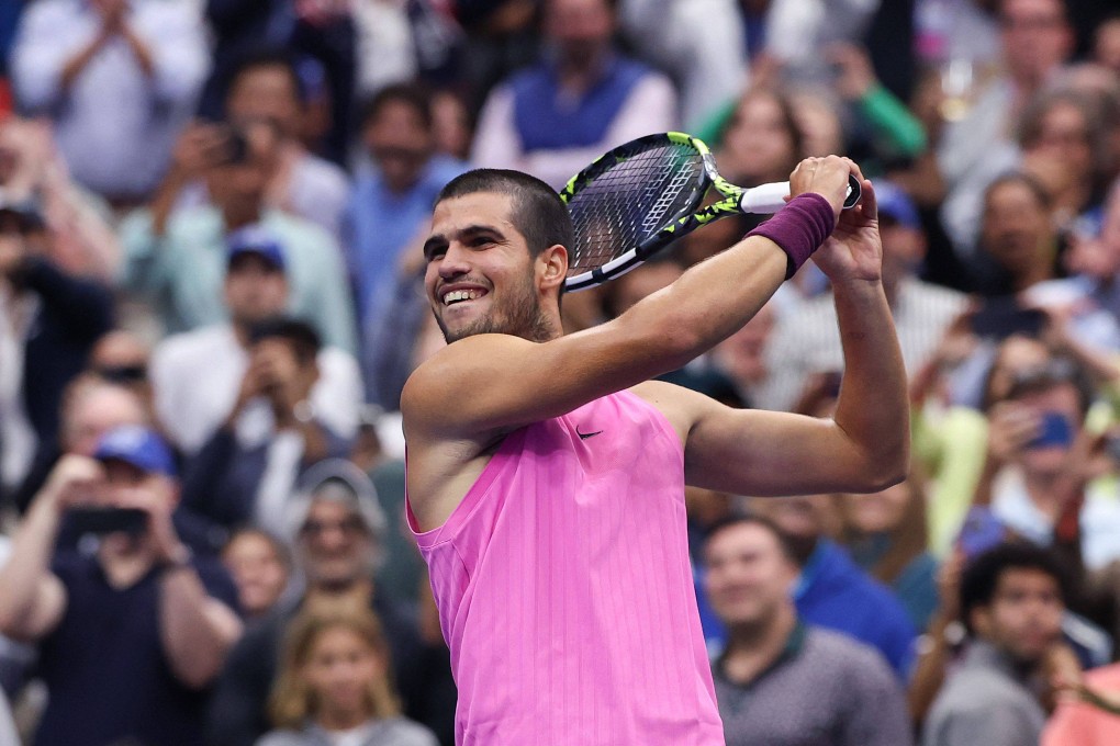 Carlos Alcaraz celebrates after defeating Jannik Sinner in their men’s singles final at the US Open in New York on Sunday. Photo: Getty Images via AFP