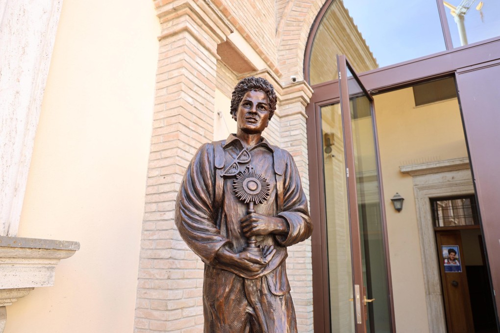 A statue of Saint Carlo Acutis at the Sanctuary of the Renunciation in Assisi, Italy on Sunday. Photo: EPA