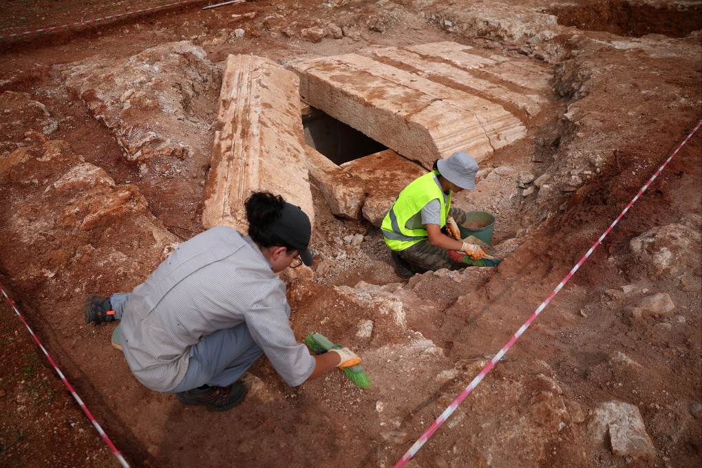 Archaeologists work on Albania’s first discovered monumental tomb, which they suggest may be a mausoleum, dated to the Roman period III–IV century AD, in Strikcan, Albania, on Thursday. Photo: Reuters