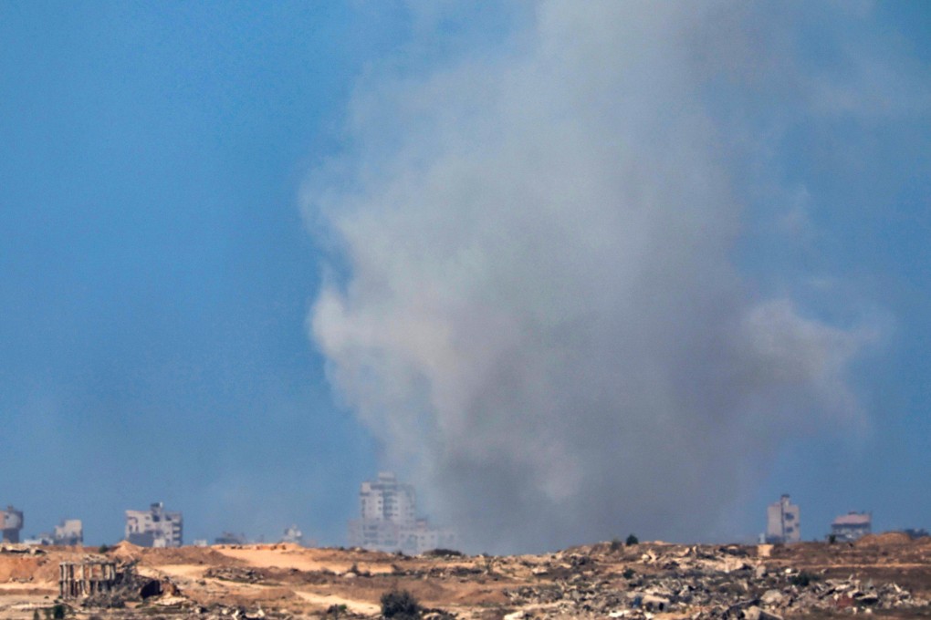 Smoke rises as a result of an Israeli air strike on the outskirts of Gaza City, as seen from the Israeli side of the border with Gaza in southern Israel, on Monday. Photo: EPA