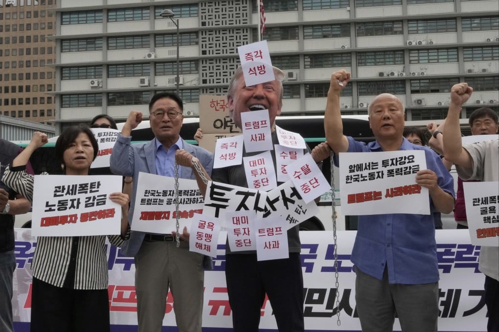 Protesters demonstrate against the detention of South Korean workers near the US embassy in Seoul on Tuesday. Photo: AP
