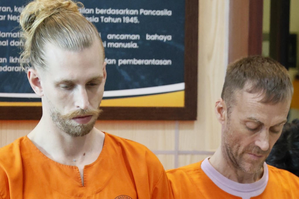 British nationals Kial Robinson and Piran Ezra Wilkinson at the Bali’s National Narcotics Agency office in Denpasar on Tuesday. Photo: EPA