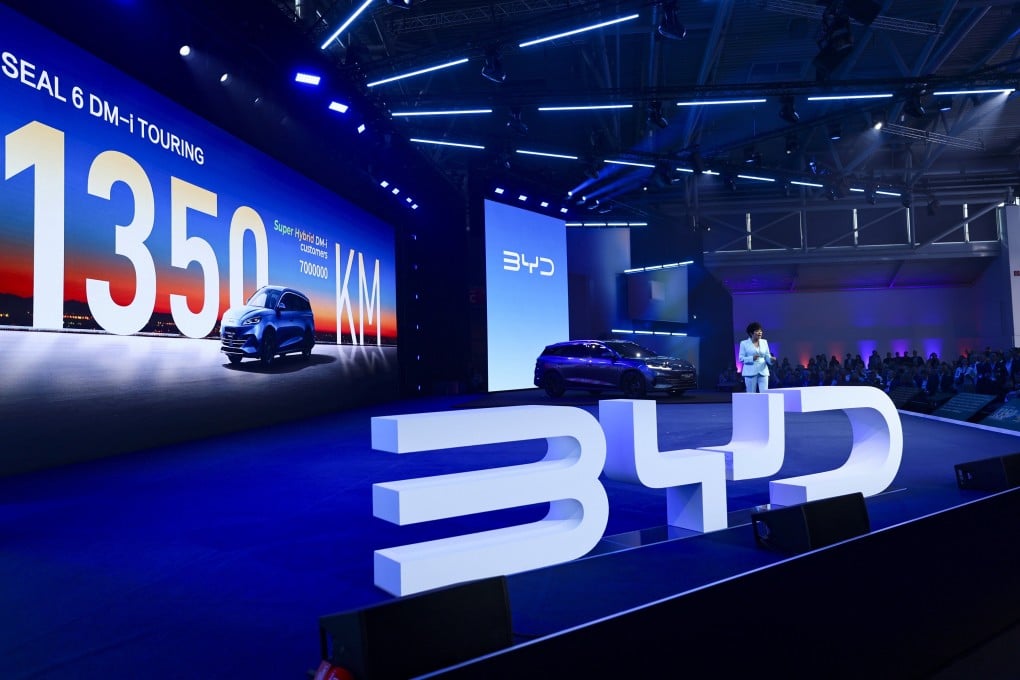 BYD executive vice-president Stella Li speaks at the IAA Mobility car show in Munich on Monday. Photo: EPA