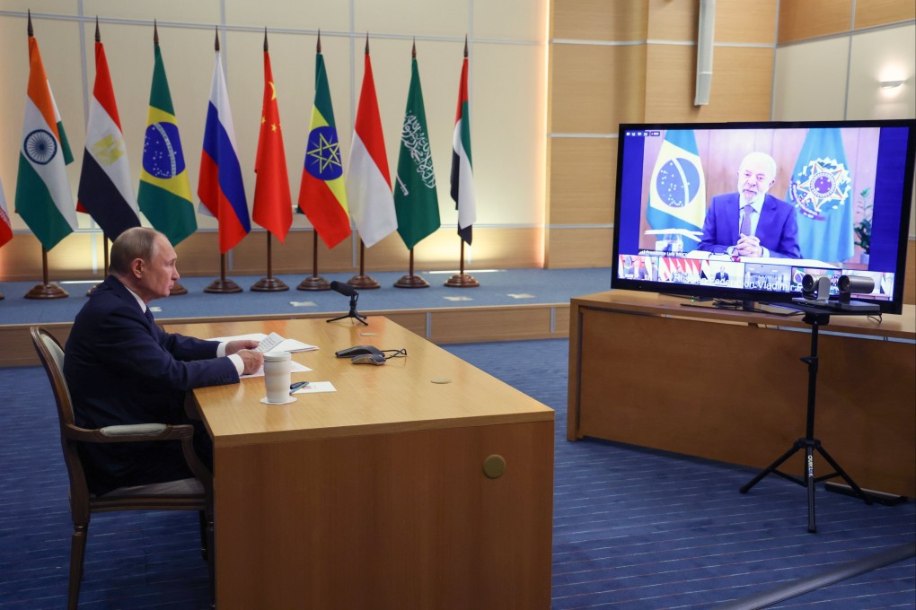 Russian President Vladimir Putin takes part in the virtual Brics summit convened by Brazil on Monday. Photo: EPA
