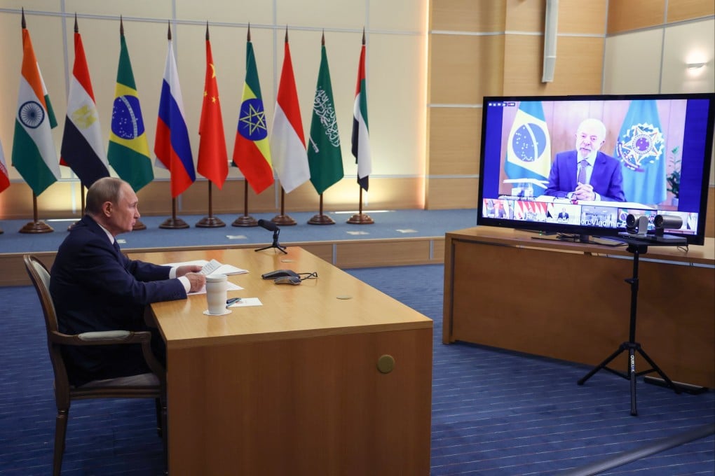 Russian President Vladimir Putin takes part in the virtual Brics summit convened by Brazil on Monday. Photo: EPA