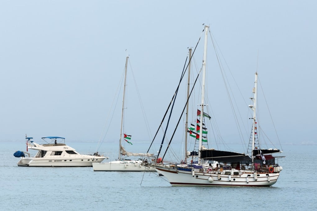 Vessels, part of the Global Sumud Flotilla, off the coast of Sidi Bou Said, Tunisia. Photo: EPA