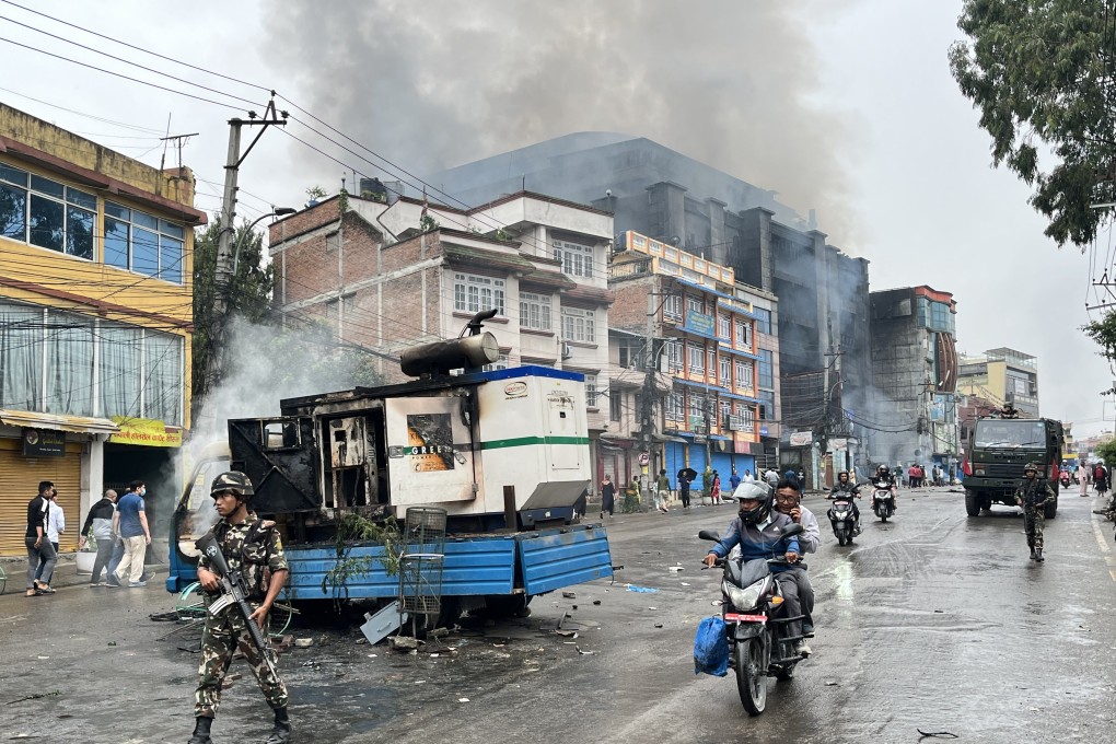 The Bhat-Bhateni supermarket in Boudha area in Kathmandu, Nepal, was torched on Tuesday night and still burning by Wednesday morning. Photo: Bibek Bhandari