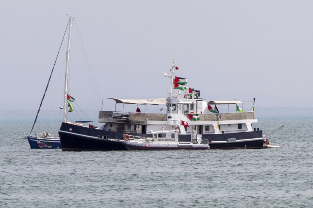 A ship that is part of the Global Sumud Flotilla, which activists say was attacked by a drone, off Tunisia’s coast. Photo: AP