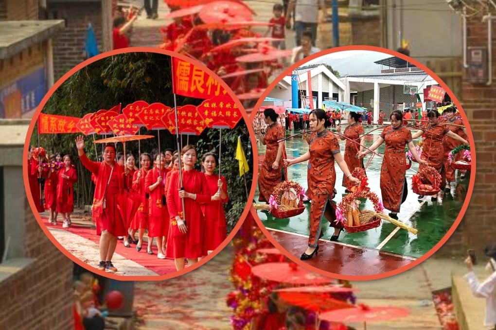 Married women from the China’s Zhuang ethnic minority participate in a tradition which sees them visit their birth families dressed in red and carrying baskets filled with grain, fruit and sweets to symbolise abundance and family ties. Photo: SCMP composite/Baidu/chinanews