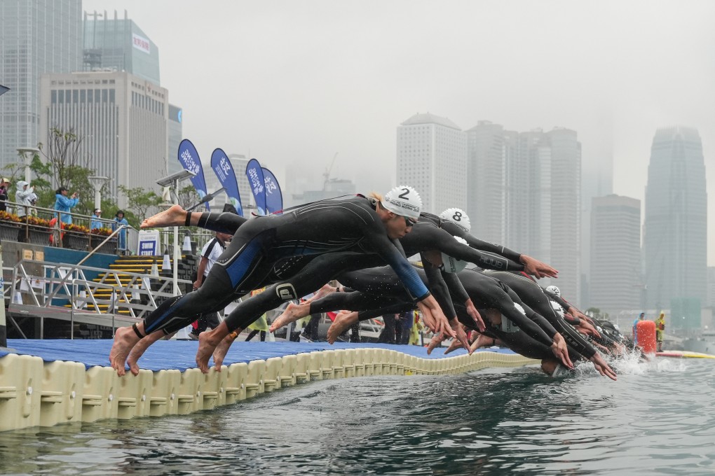 Competitors set off on day one of the Asia Triathlon Sprint Championships in April at the Central Harbourfront, where the National Games races will be held. Photo: Eugene Lee