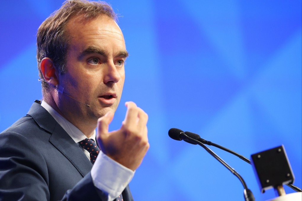 France’s Minister of the Armed Forces Sebastien Lecornu delivers his speech during the Shangri-La Dialogue Defence Summit in Singapore in May. Photo: EPA