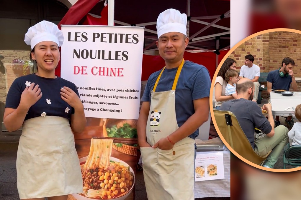 A Chinese PhD student in Belgium is making headlines by running a spicy noodle stall with his wife. Photo: SCMP composite/Douyin