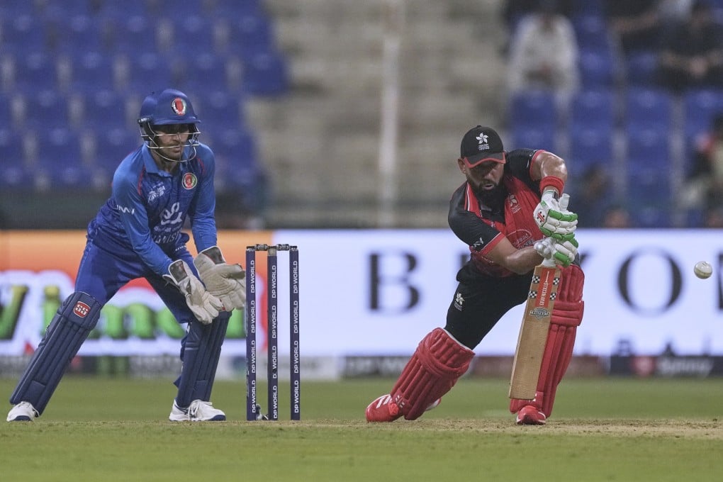 Hong Kong’s Babar Hayat (right) plays a shot during the Asia Cup match against Afghanistan at Zayed Cricket Stadium in Abu Dhabi, UAE on Tuesday. Photo: AP