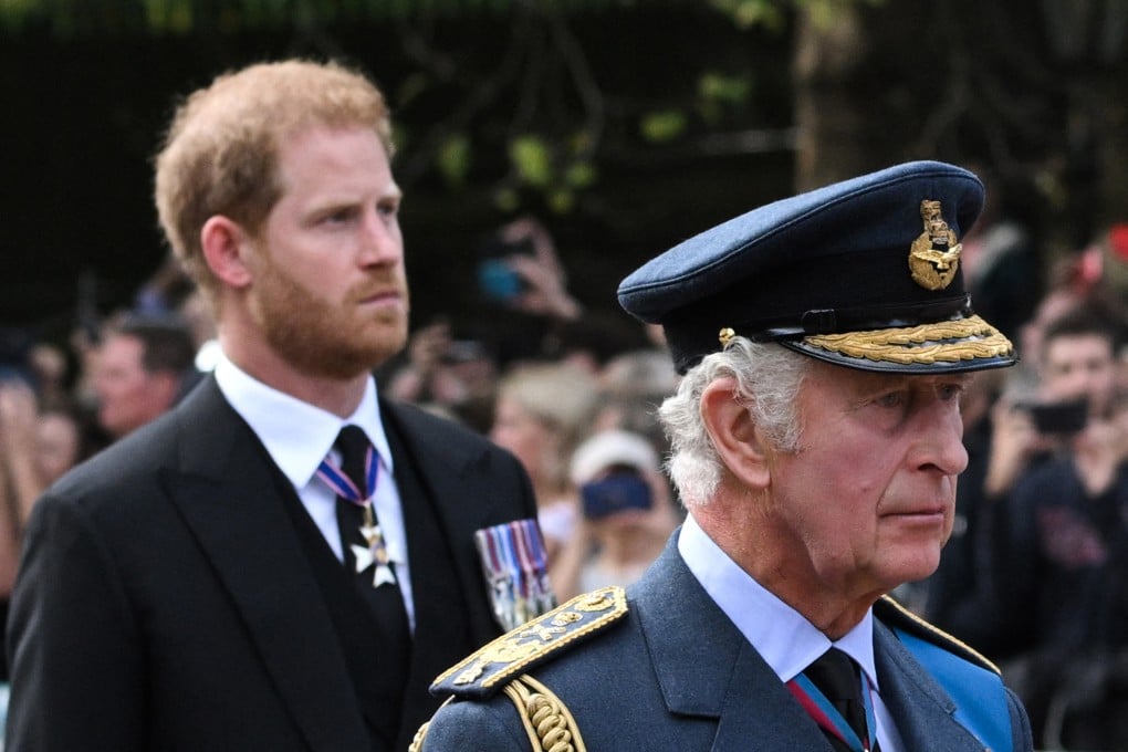 Britain’s King Charles and Prince Harry walk behind the coffin of Queen Elizabeth in London in September 2022. Photo: TNS
