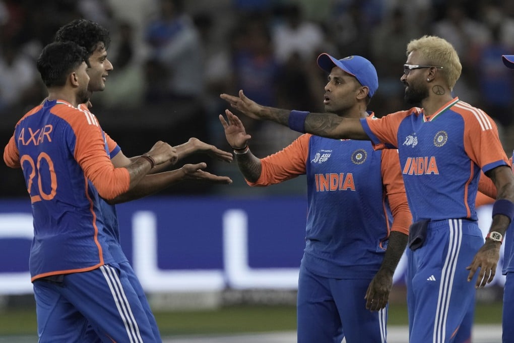 India’s Shivam Dube (second from left) celebrates with teammates after the dismissal of United Arab Emirates’ Junaid Siddique during their Asia Cup match in Dubai on Wednesday. Photo: AP