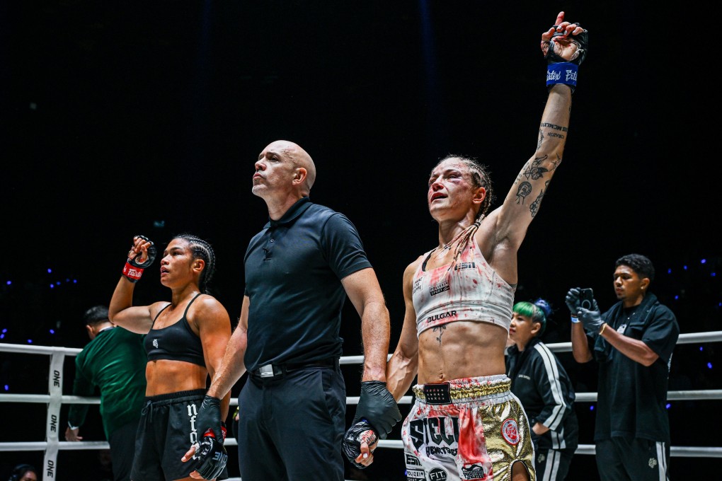 Stella Hemetsberger (righjt) beat Jackie Buntan at ONE Fight Night 35 in Bangkok to become the ONE strawweight Muay Thai world champion. Photo: ONE Championship