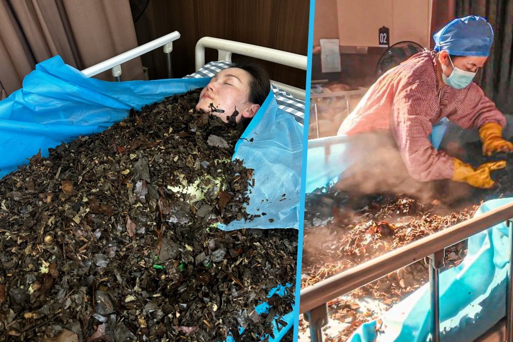 A herbal sleep therapy clinic in China is offering a treatment that involves lying on hot, stir-fried herbs to treat rheumatism and joint pain. Photo: SCMP composite/Zhihu/banyuetan.org