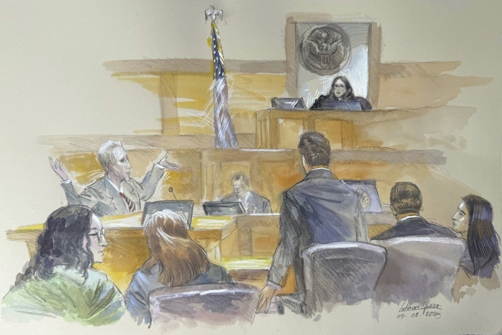 Ryan Routh (left) throws up his arms in frustration at US District Judge Aileen Cannon as jury selection begins in his trial in Fort Pierce, Florida, on Monday. Courtroom sketch: Lothar Speer via AP
