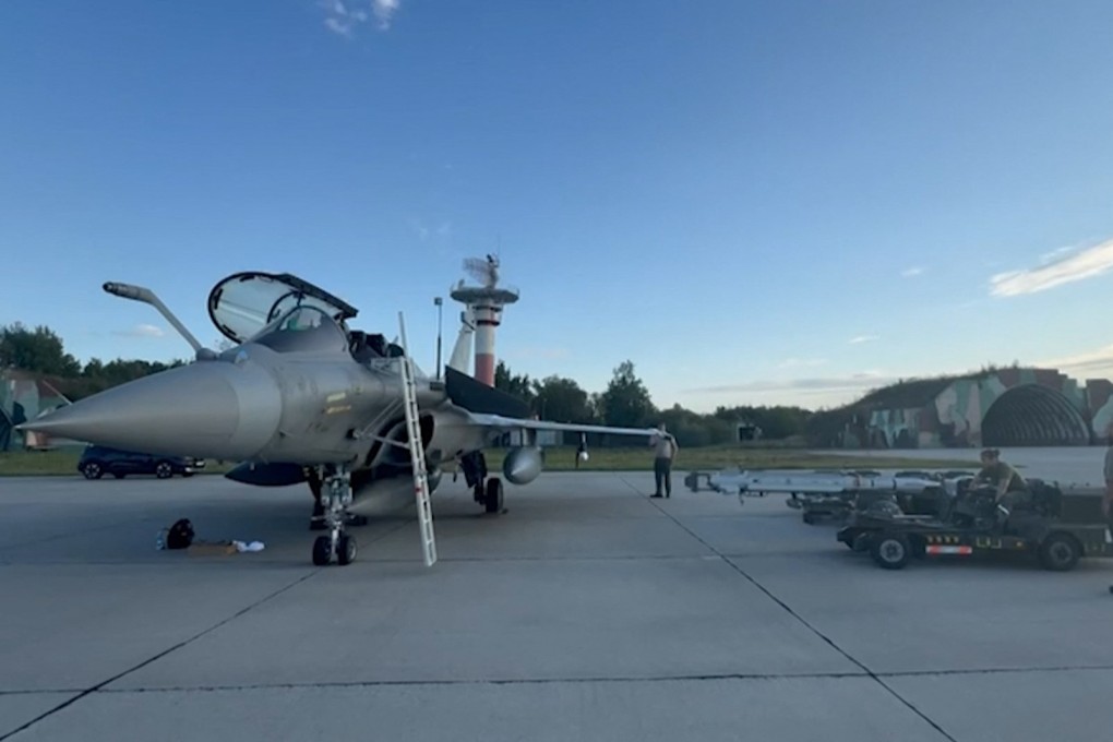 A video grab on Saturday from images provided by France shows a French fighter jet in an unspecified location in Poland, part of a Nato operation to strengthen the defence of Polish airspace following an intrusion by Russian drones. Photo: via AFP