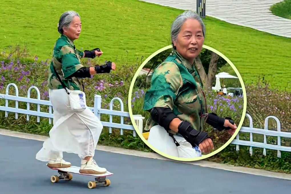 A 68-year-old Chinese grandma, dubbed a “Wind-Chasing Girl,” has gone viral for skateboarding with her daughter. Photo: SCMP composite/Douyin