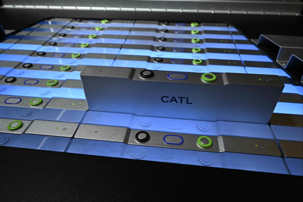 A CATL Shenxing Pro vehicle battery is unveiled to the media before the opening of the International Motor Show IAA on September 7, 2025, in Munich, southern Germany. The IAA Mobility fair runs from September 9 to 14, 2025. (Photo by Tobias Schwarz / AFP) / DFL REGULATIONS PROHIBIT ANY USE OF PHOTOGRAPHS AS IMAGE SEQUENCES AND/OR QUASI-VIDEO