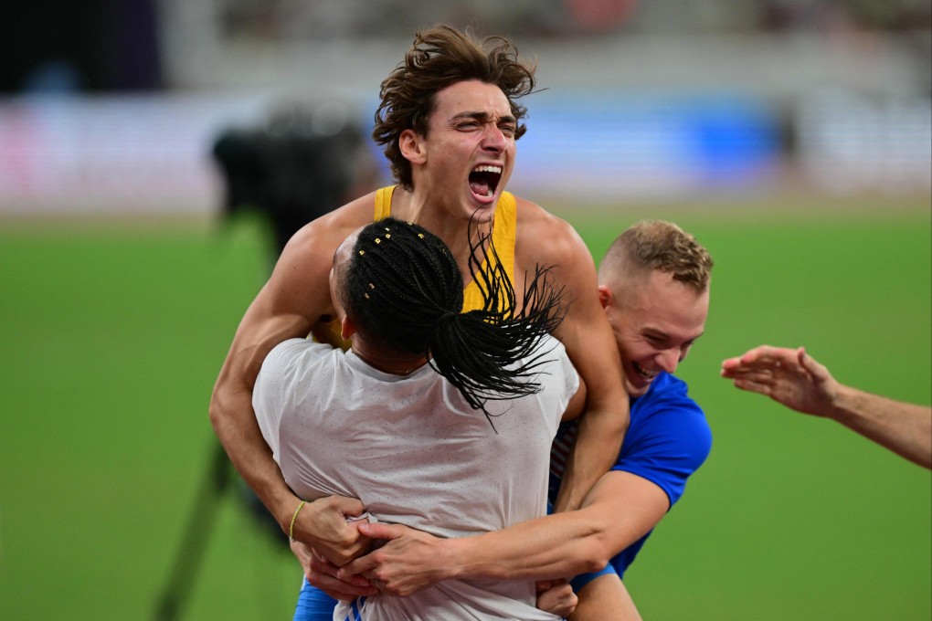 Armand Duplantis celebrates his world record in the pole vault final at the World Athletics Championships in Tokyo on Monday. Photo: AFP